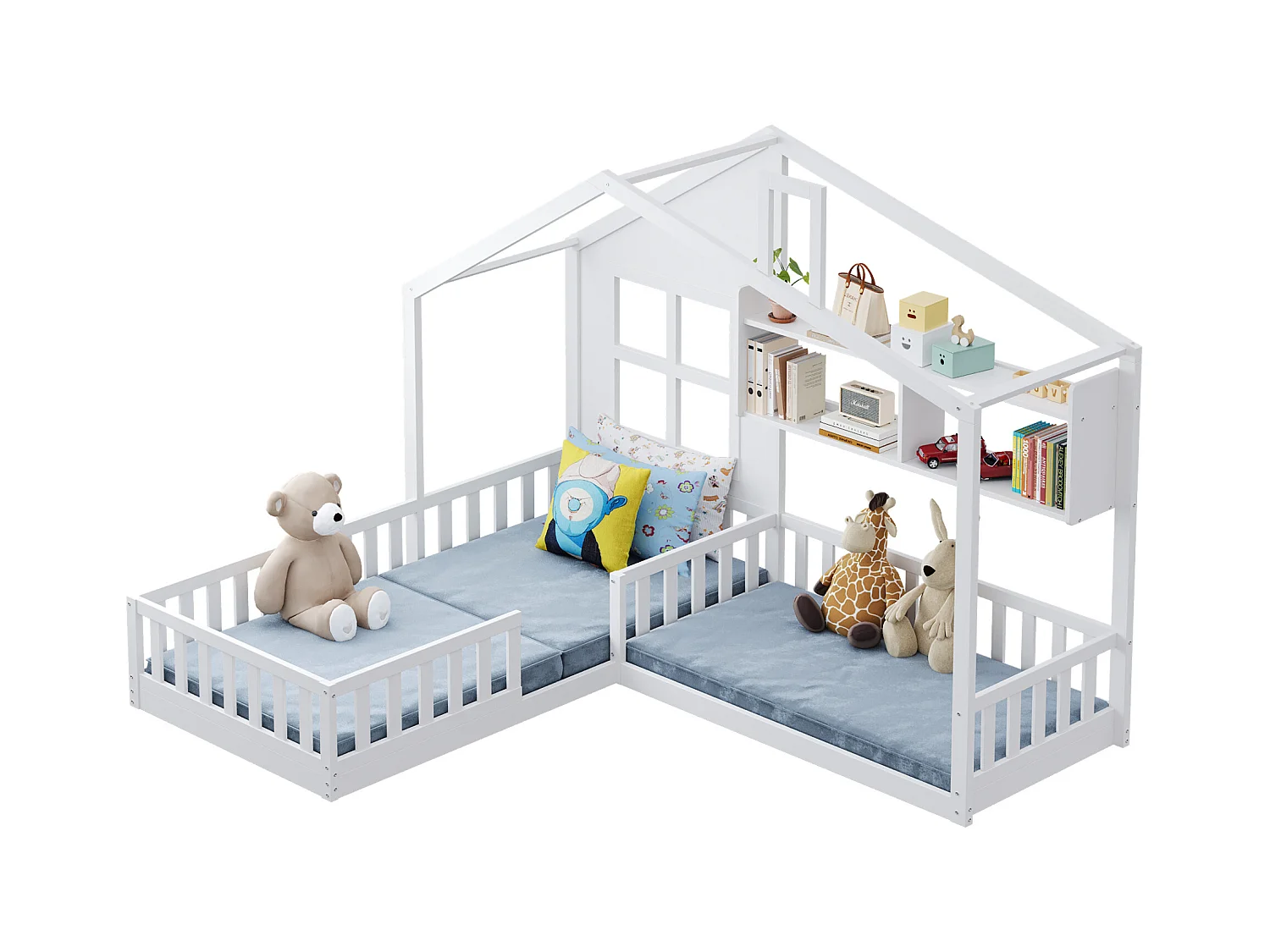 Letto per bambini a forma di casa con ripiani, sponde di sicurezza, base in legno massello, bianco, robusto (242,5x206x170,5cm)