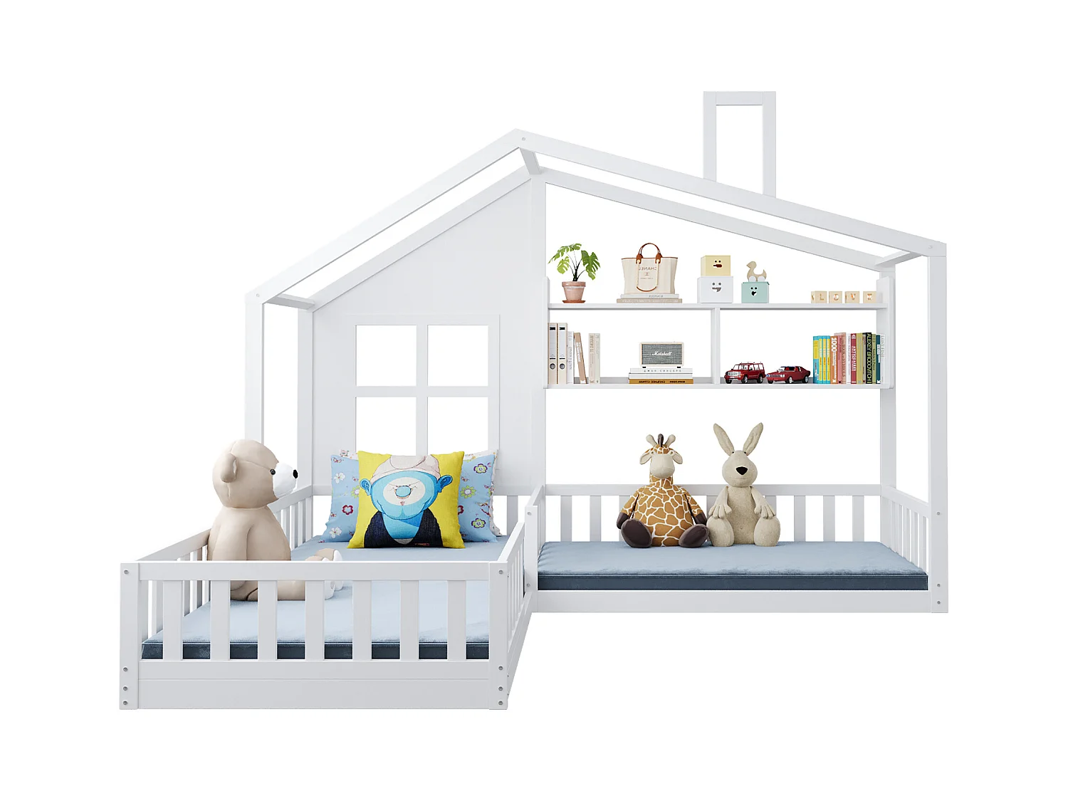 Letto per bambini a forma di casa con ripiani, sponde di sicurezza, base in legno massello, bianco, robusto (242,5x206x170,5cm)