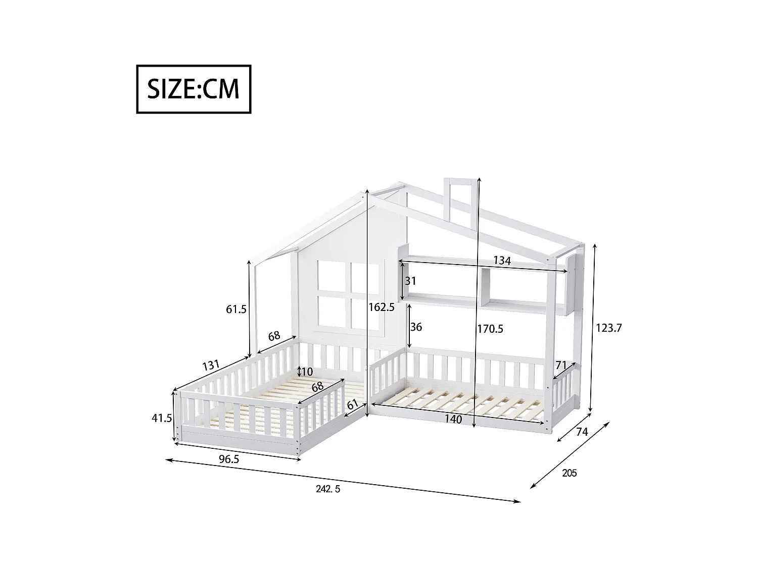 Letto per bambini a forma di casa con ripiani, sponde di sicurezza, base in legno massello, bianco, robusto (242,5x206x170,5cm)