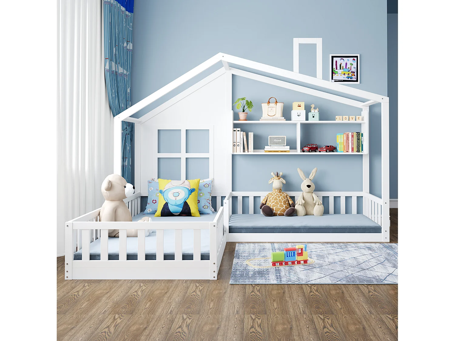 Lit enfant forme maison avec étagères, barrières de sécurité, sommier bois massif, blanc, solide (242.5x206x170.5cm)