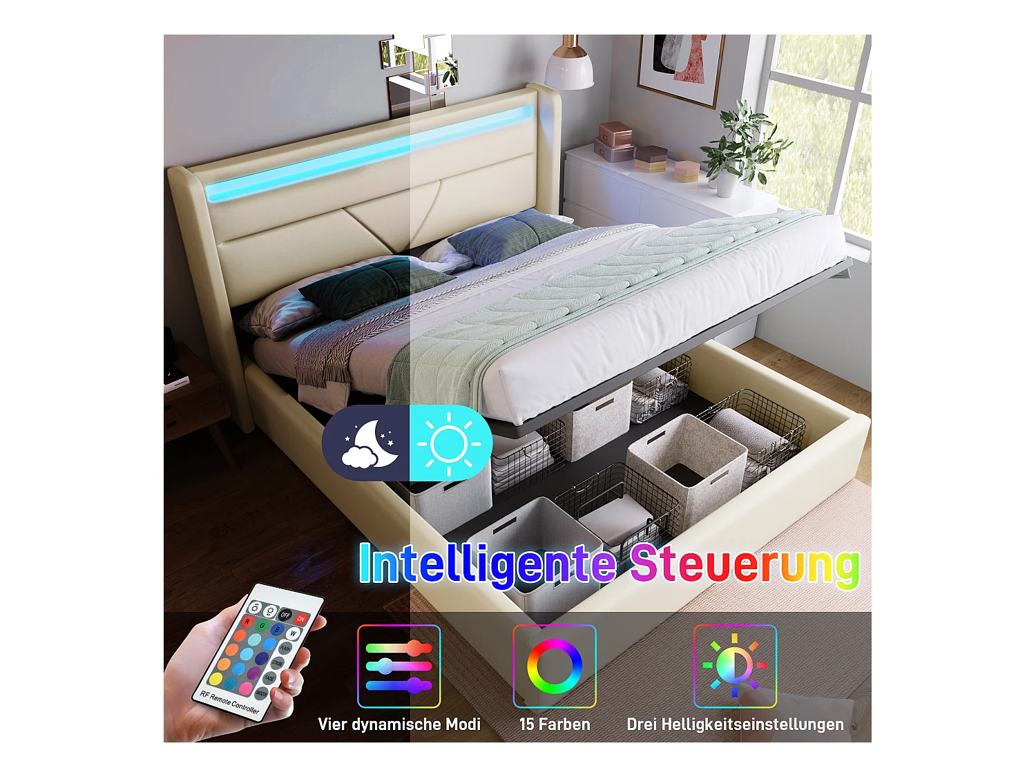 Lit double hydraulique avec rangement et éclairage LED, PU, gris (202x166x107.5cm)