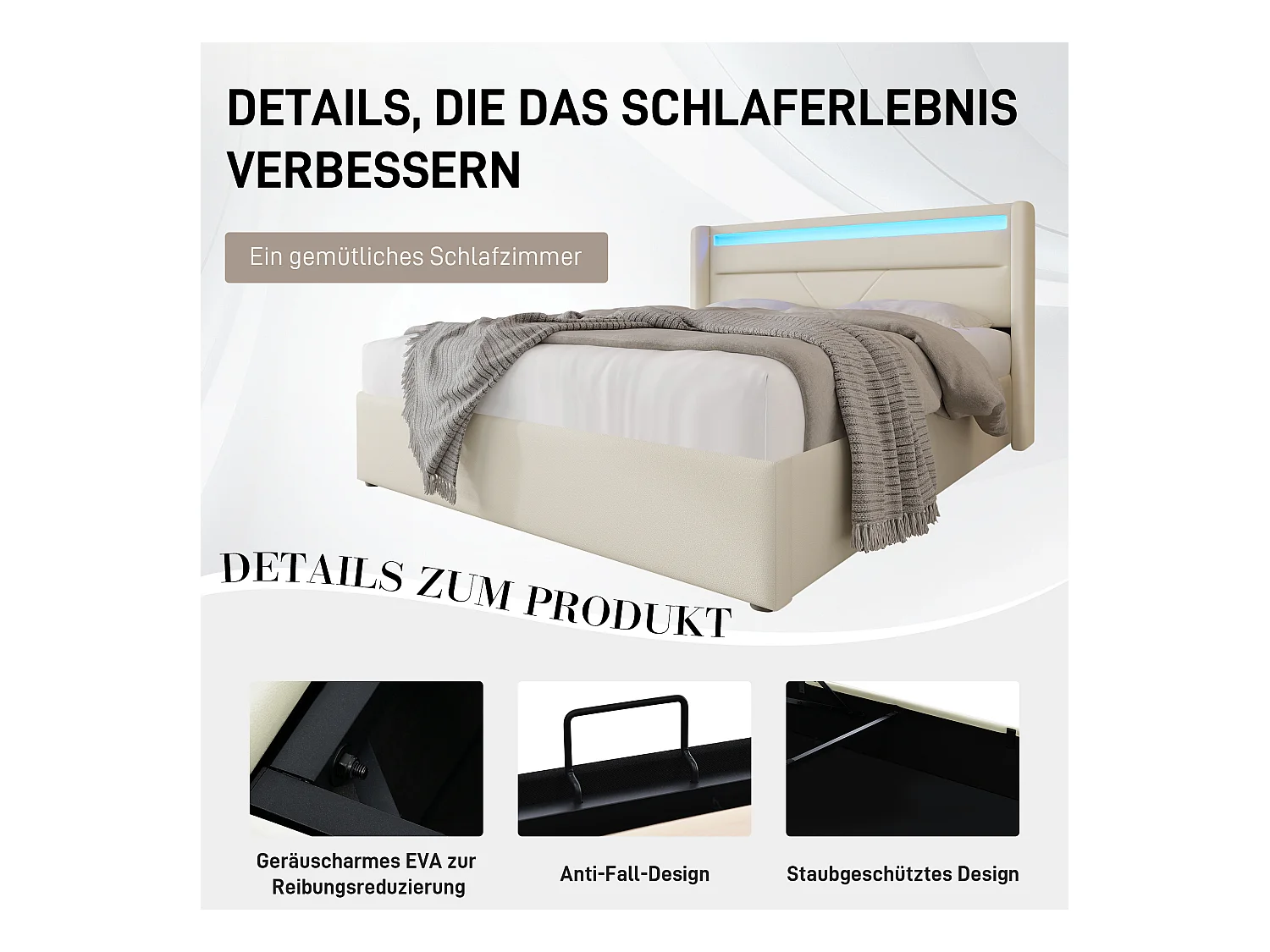 Lit double hydraulique avec rangement et éclairage LED, PU, gris (202x166x107.5cm)