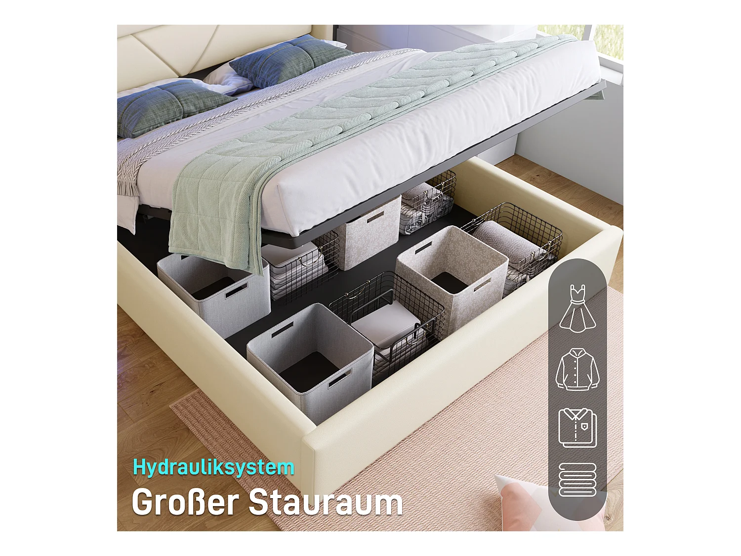 Lit double hydraulique avec rangement et éclairage LED, PU, gris (202x166x107.5cm)