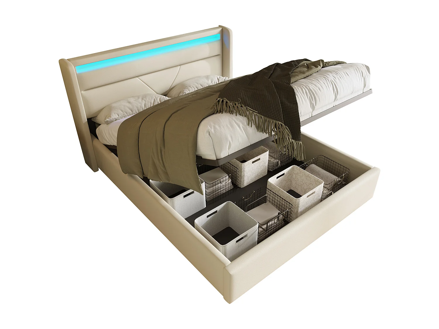 Lit double hydraulique avec rangement et éclairage LED, PU, gris (202x166x107.5cm)