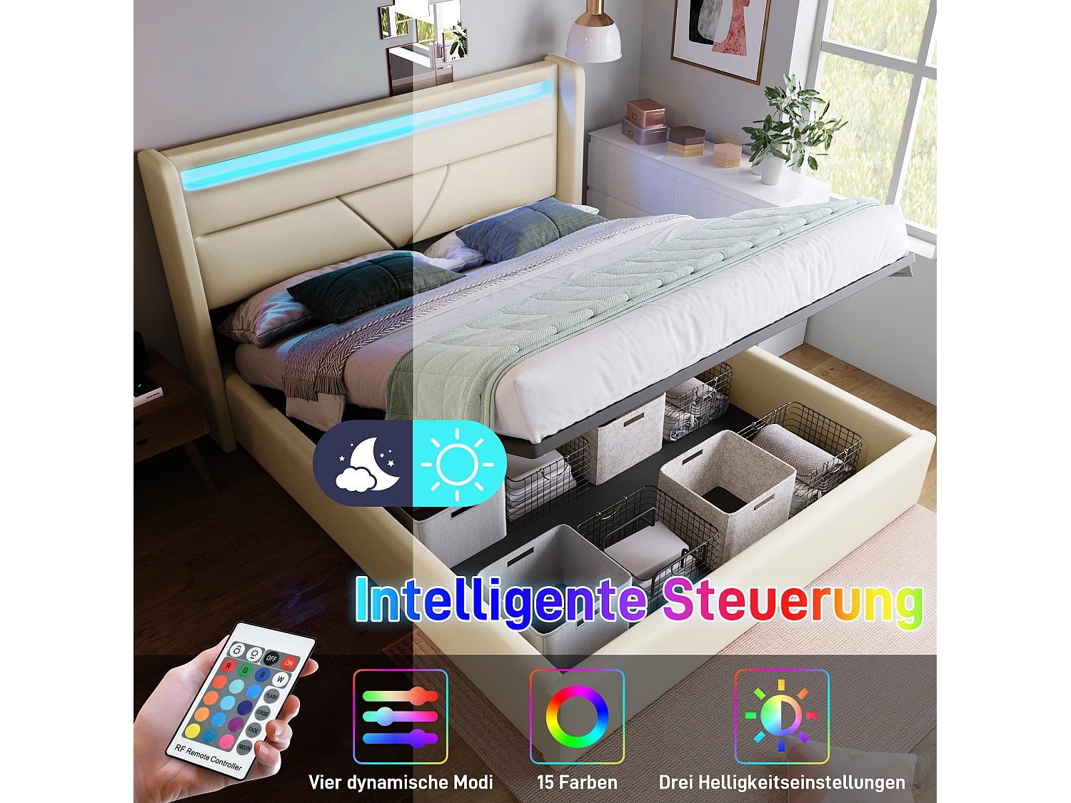 Lit double hydraulique avec rangement et éclairage LED, PU, gris (202x166x107.5cm)