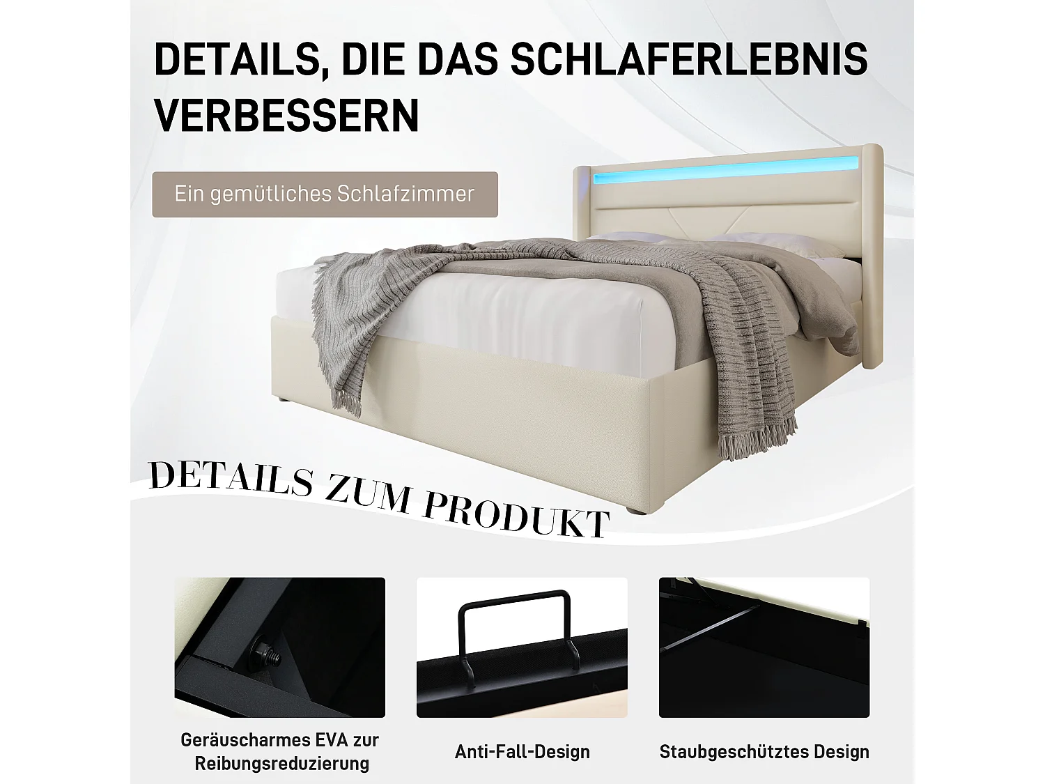 Lit double hydraulique avec rangement et éclairage LED, PU, gris (202x166x107.5cm)