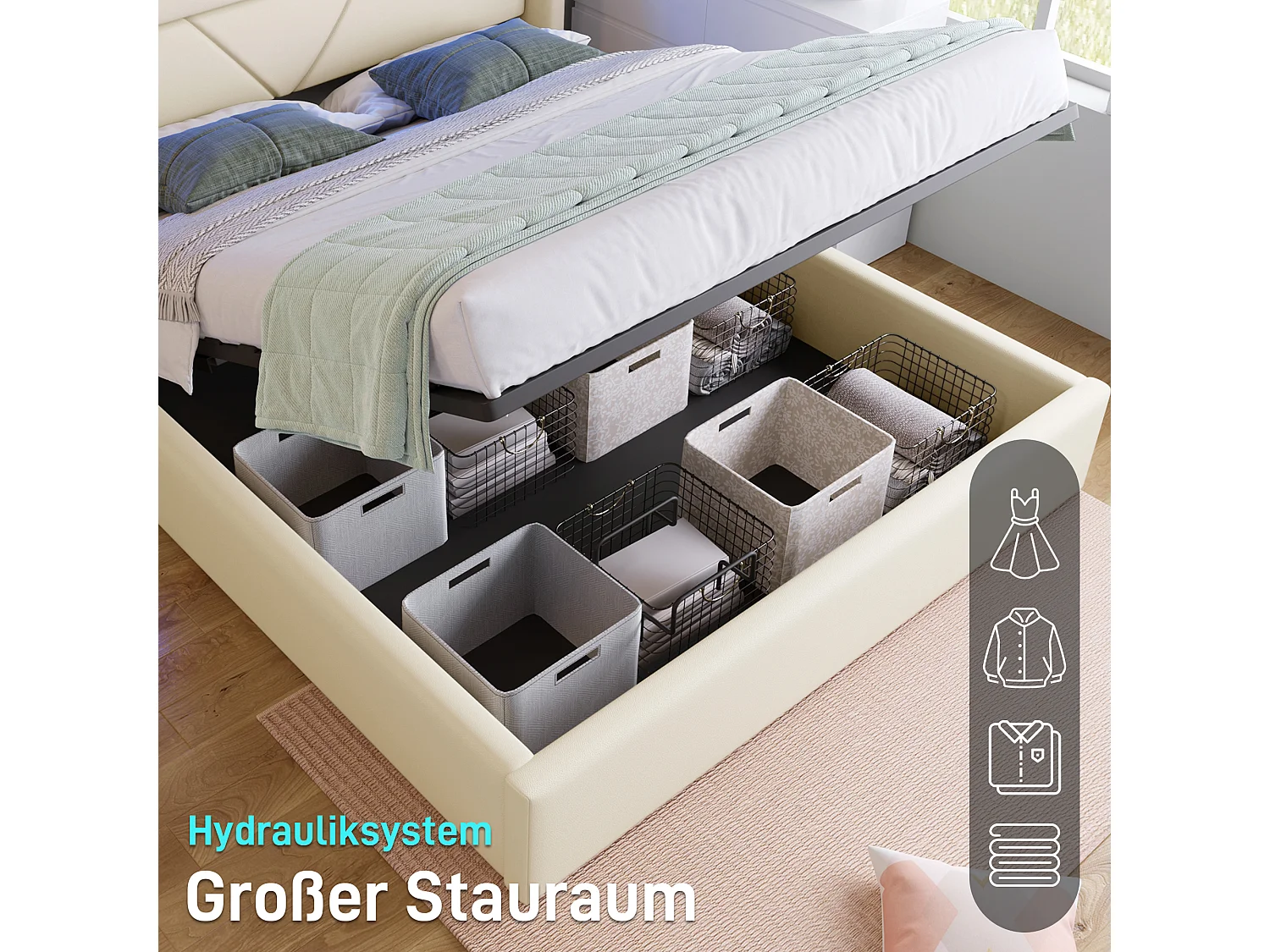 Lit double hydraulique avec rangement et éclairage LED, PU, gris (202x166x107.5cm)