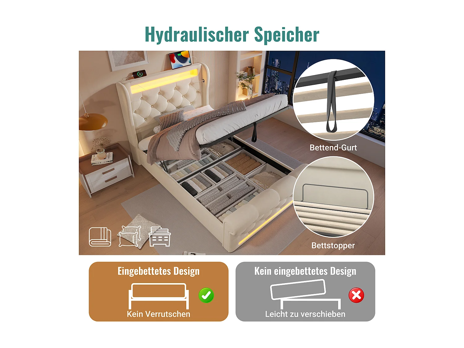 Lit Capitonné 90x200 cm avec LED, Tête de Lit avec USB + Type-C, Lit Hydraulique de Rangement, Velours Beige (220x96x110 cm)