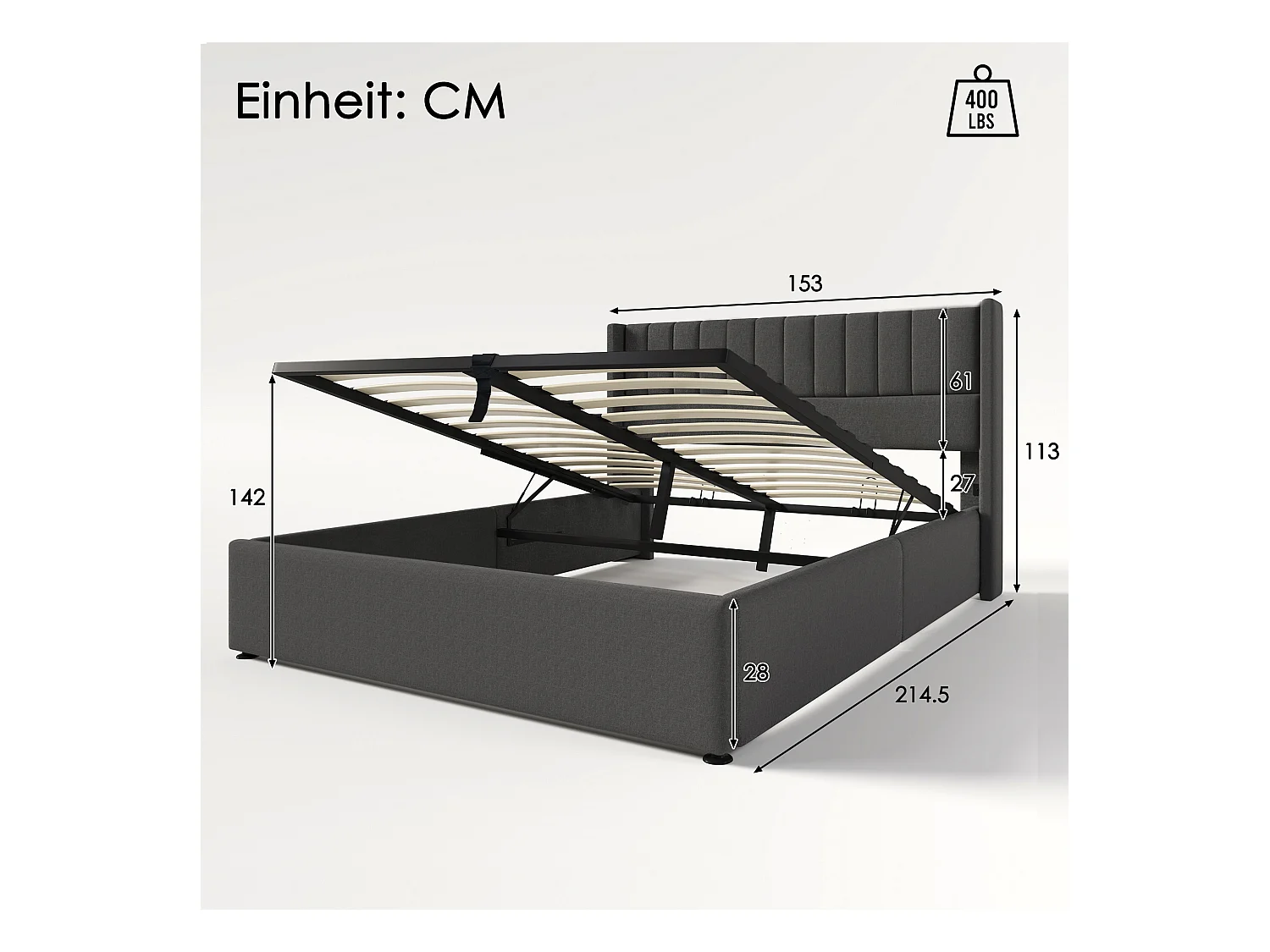 Lit avec rangement hydraulique, tête de lit réglable, 4 tiroirs, LED et chargement USB, en lin, 140x200 cm (Dimensions : 206x145x107 cm)
