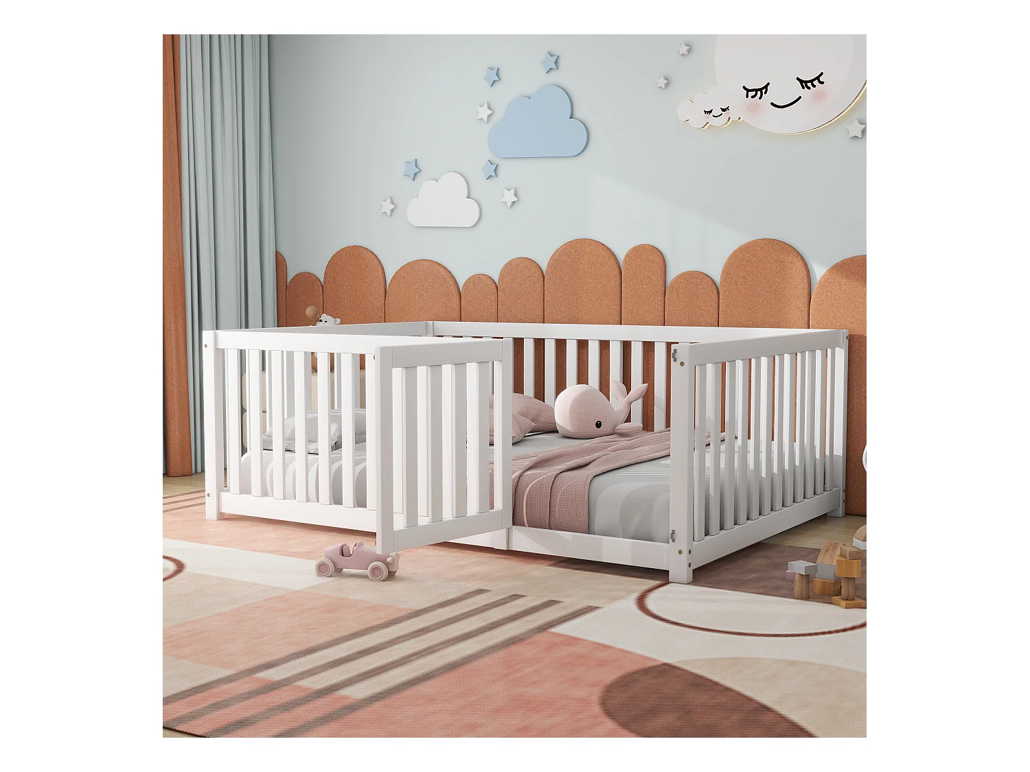 Cama baja 140x200 con estructura de madera, barrera de seguridad y puerta, color madera natural (204x147x60 cm)