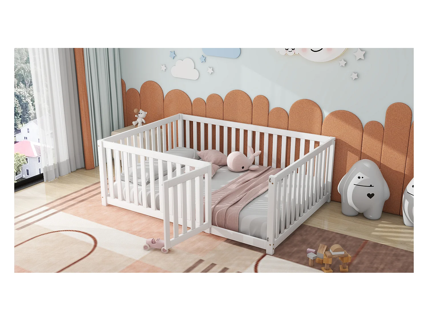 Cama baja 140x200 con estructura de madera, barrera de seguridad y puerta, color madera natural (204x147x60 cm)