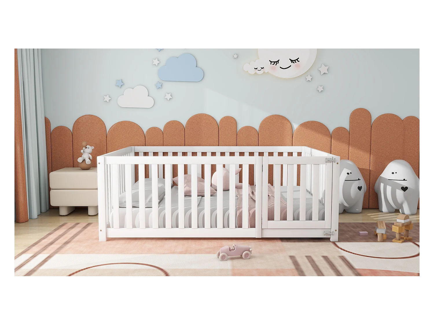 Cama baja 140x200 con estructura de madera, barrera de seguridad y puerta, color madera natural (204x147x60 cm)