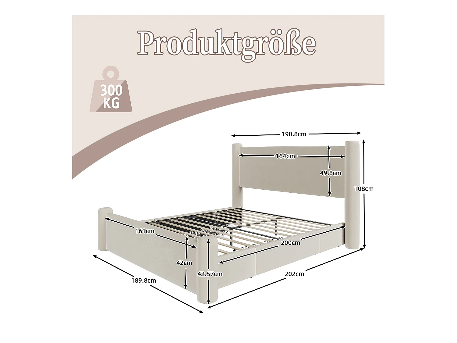 Lit 160 x 200 cm avec design moderne, tête de lit 3D, rembourrage épais, 2 tiroirs de rangement et ports USB intégrés, Beige (160x200 cm)