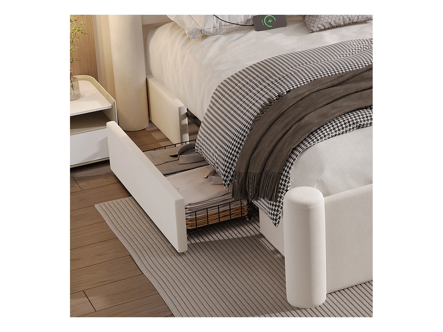 Lit 160 x 200 cm avec design moderne, tête de lit 3D, rembourrage épais, 2 tiroirs de rangement et ports USB intégrés, Beige (160x200 cm)