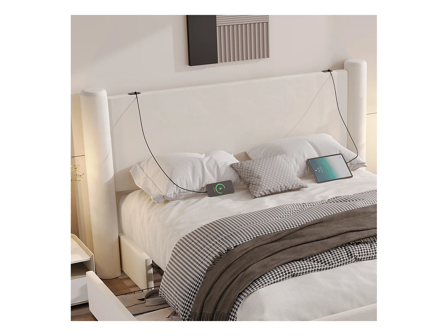 Lit 160 x 200 cm avec design moderne, tête de lit 3D, rembourrage épais, 2 tiroirs de rangement et ports USB intégrés, Beige (160x200 cm)