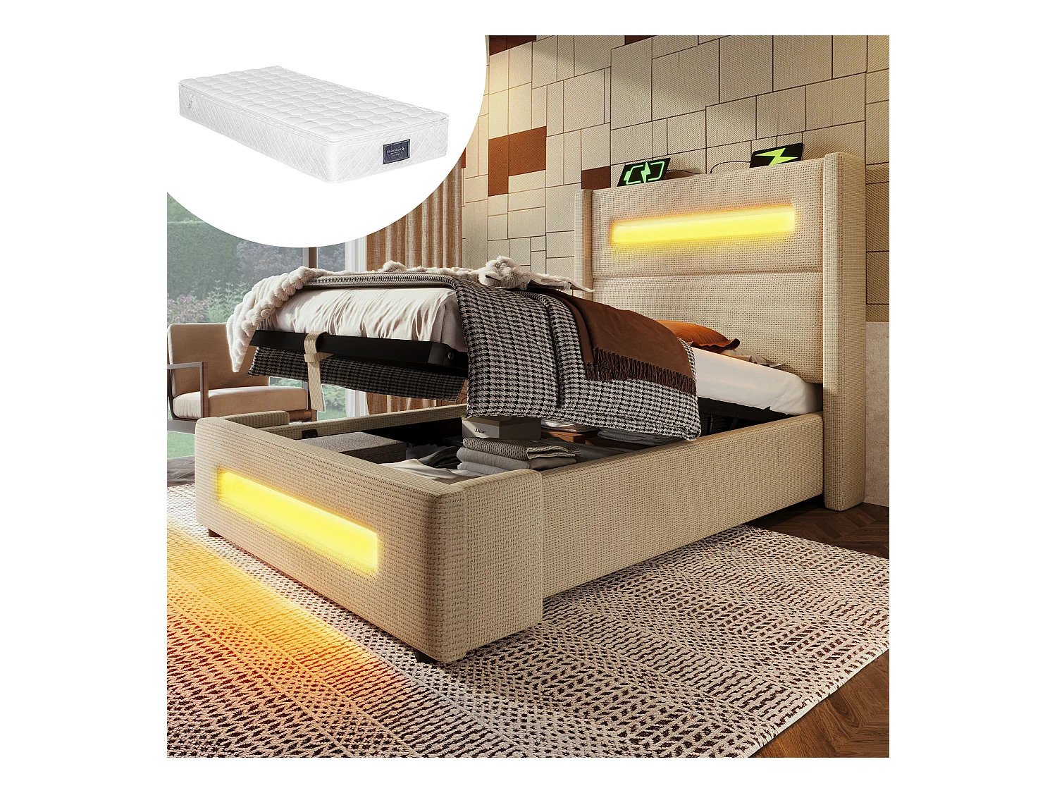 Lit 90x200 cm avec LED, stockage hydraulique, chargement USB Type-C, cadre métallique, lattes bois, lin beige (219x105x121 cm)