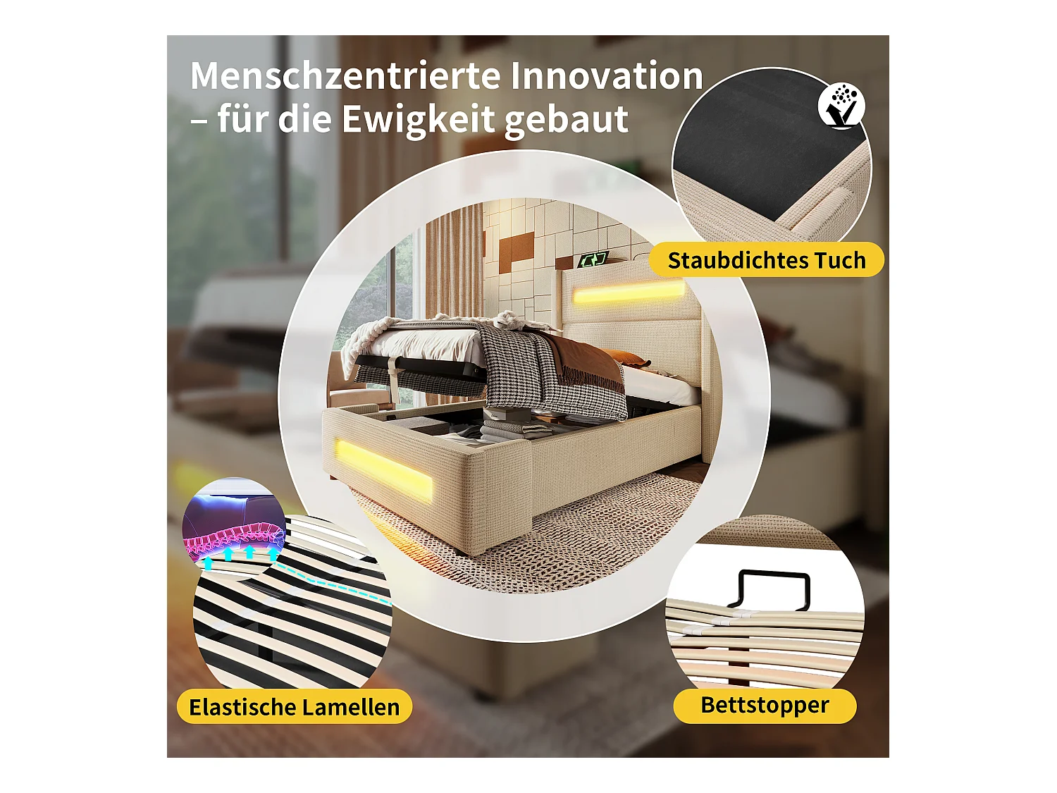 Lit 90x200 cm avec LED, stockage hydraulique, chargement USB Type-C, cadre métallique, lattes bois, lin beige (219x105x121 cm)