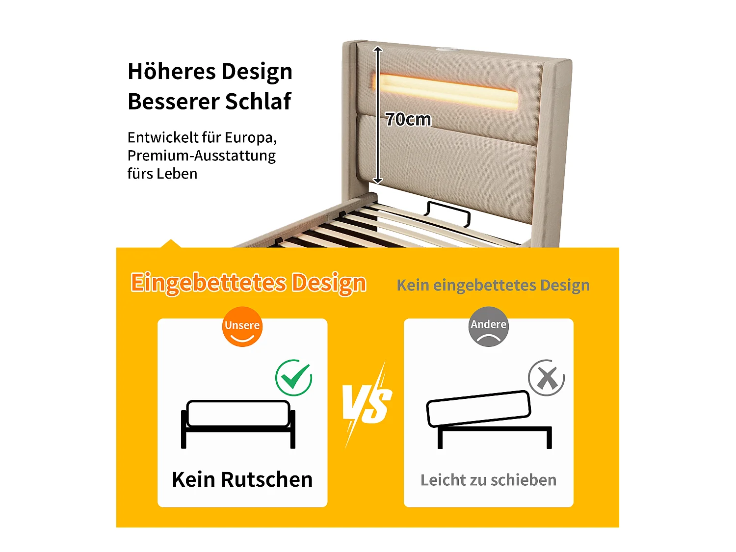 Lit 90x200 cm avec LED, stockage hydraulique, chargement USB Type-C, cadre métallique, lattes bois, lin beige (219x105x121 cm)