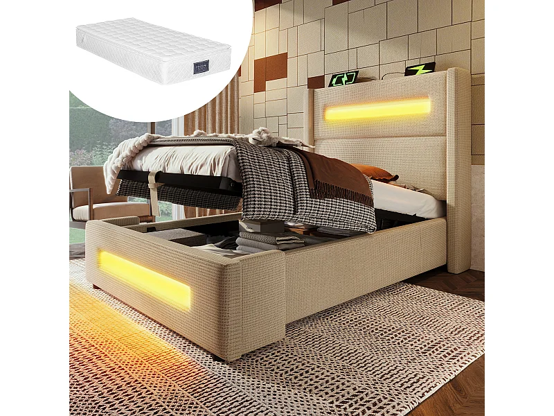 Bed 90x200 cm met LED, hydraulische opberging, USB Type-C-oplader, metalen frame, houten lattenbodem, beige linnen (219x105x121 cm)