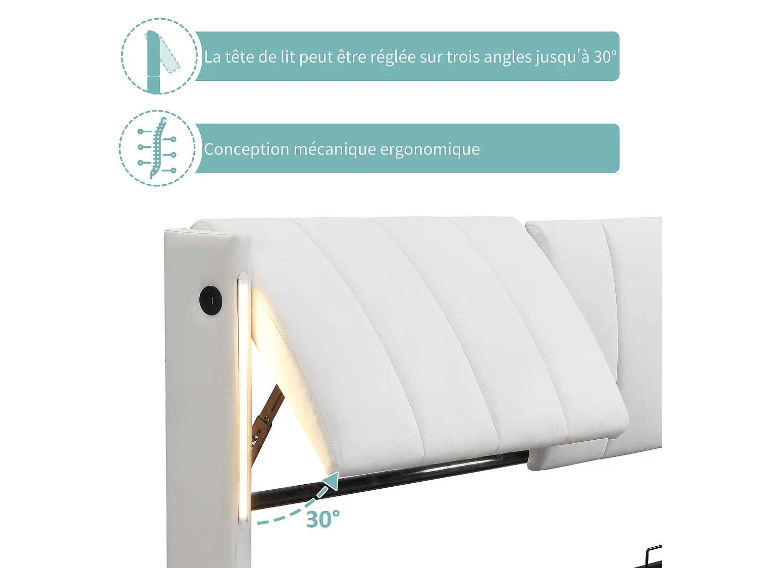 Lit rembourré LED avec port USB, éclairage LED, rangement, tête de lit réglable, PU blanc (140x190 cm)