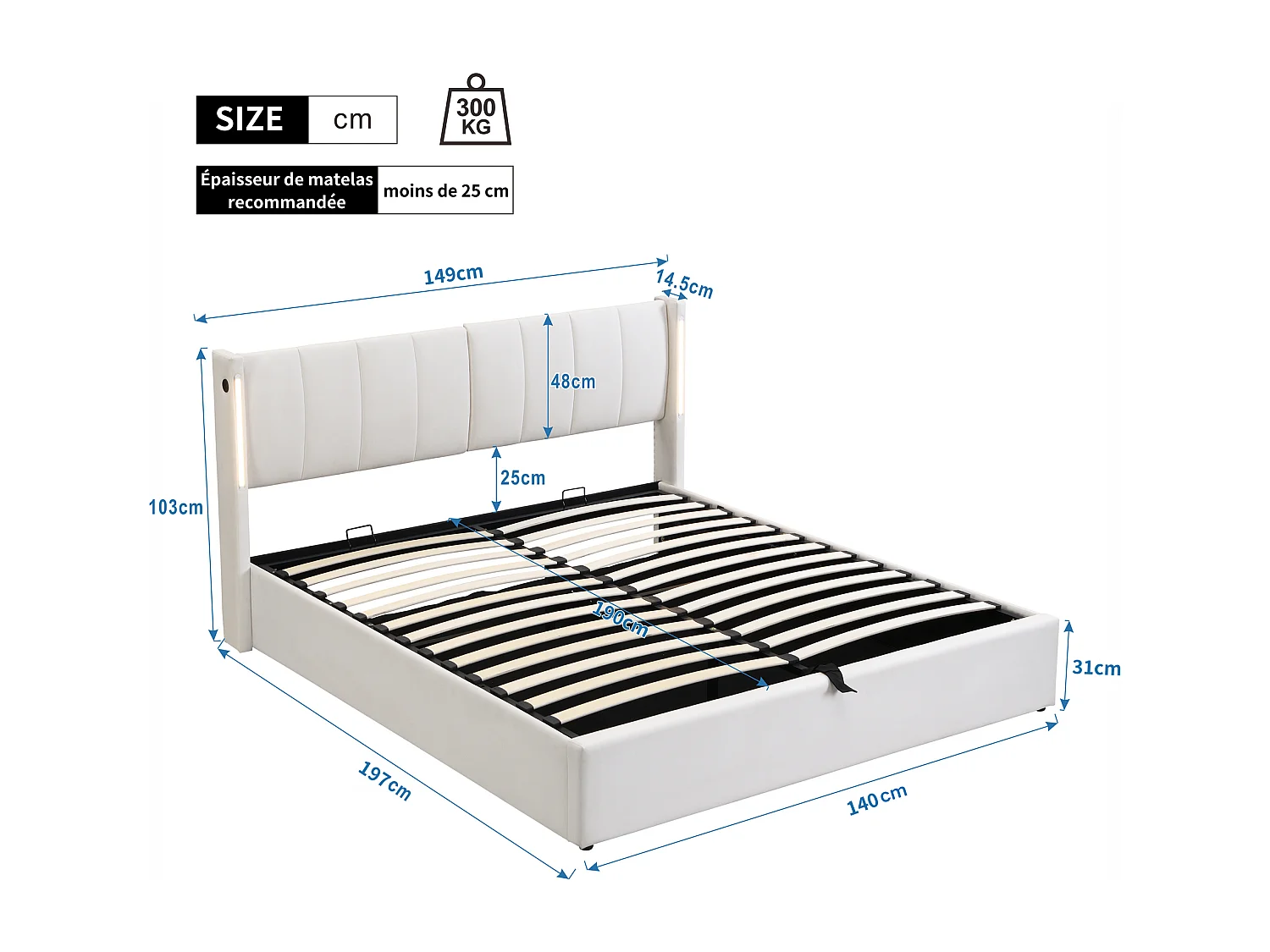Lit rembourré LED avec port USB, éclairage LED, rangement, tête de lit réglable, PU blanc (140x190 cm)