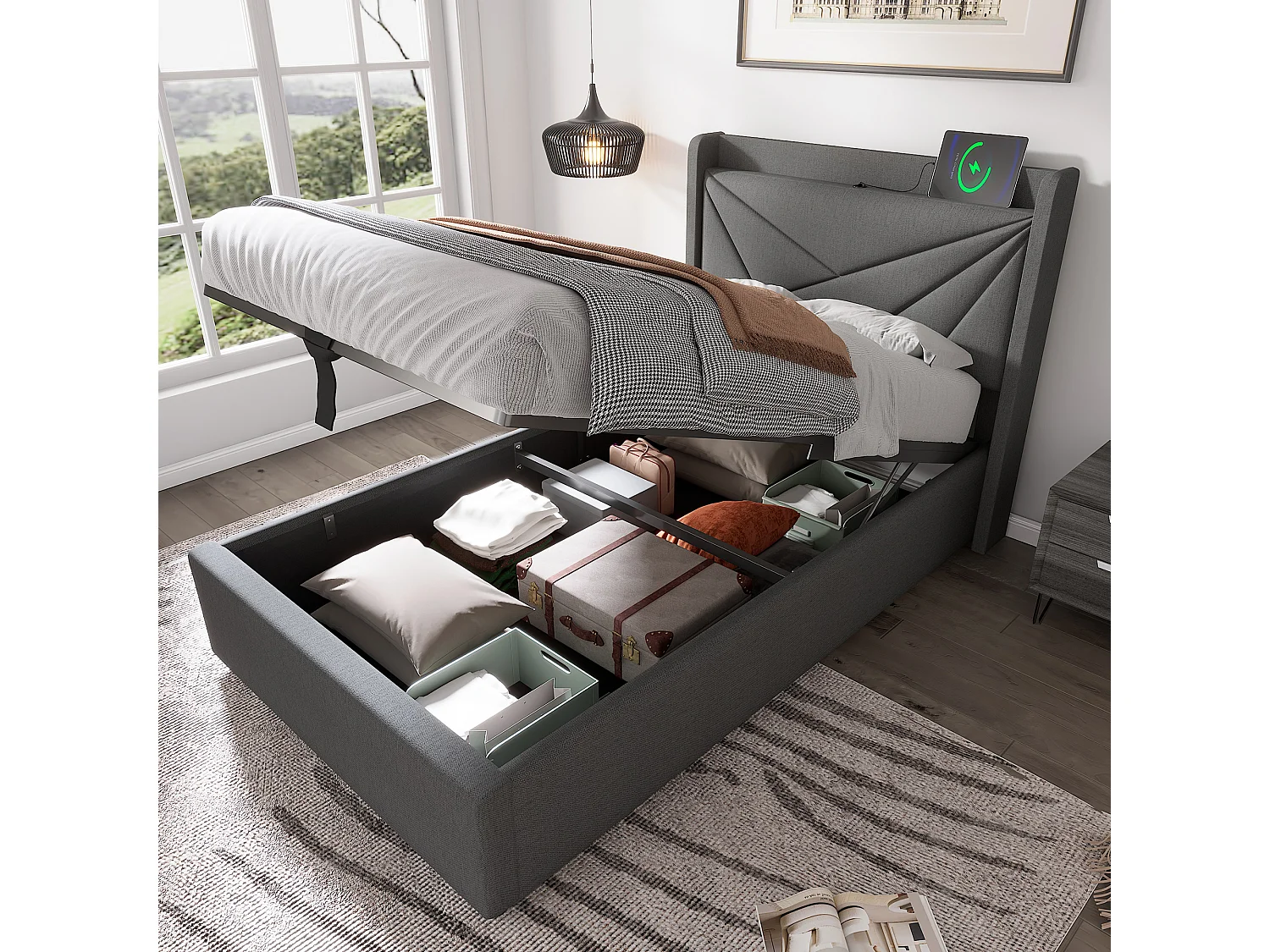 Eenpersoonsbed met opbergvak, hoofdbord met USB Type-C-oplader, grijs linnen (96x208x107 cm)