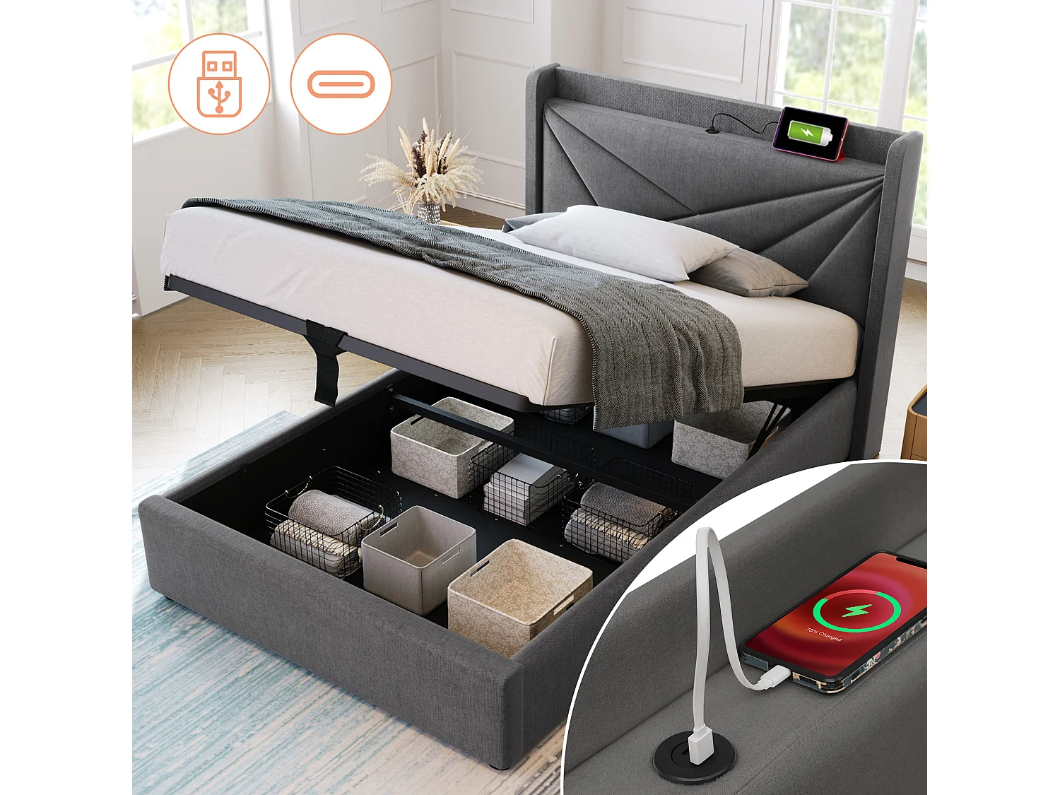 Eenpersoonsbed met opbergvak, hoofdbord met USB Type-C-oplader, grijs linnen (96x208x107 cm)