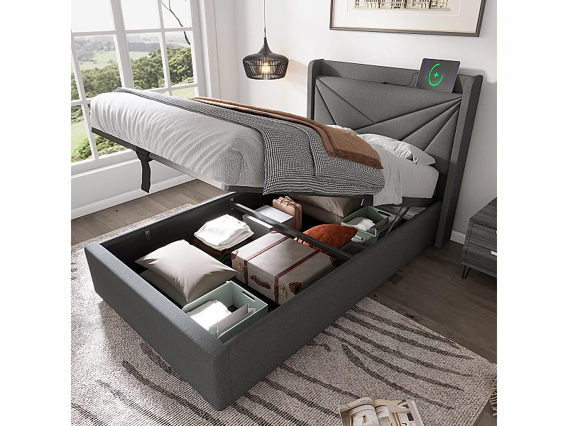 Eenpersoonsbed met opbergvak, hoofdbord met USB Type-C-oplader, grijs linnen (96x208x107 cm)