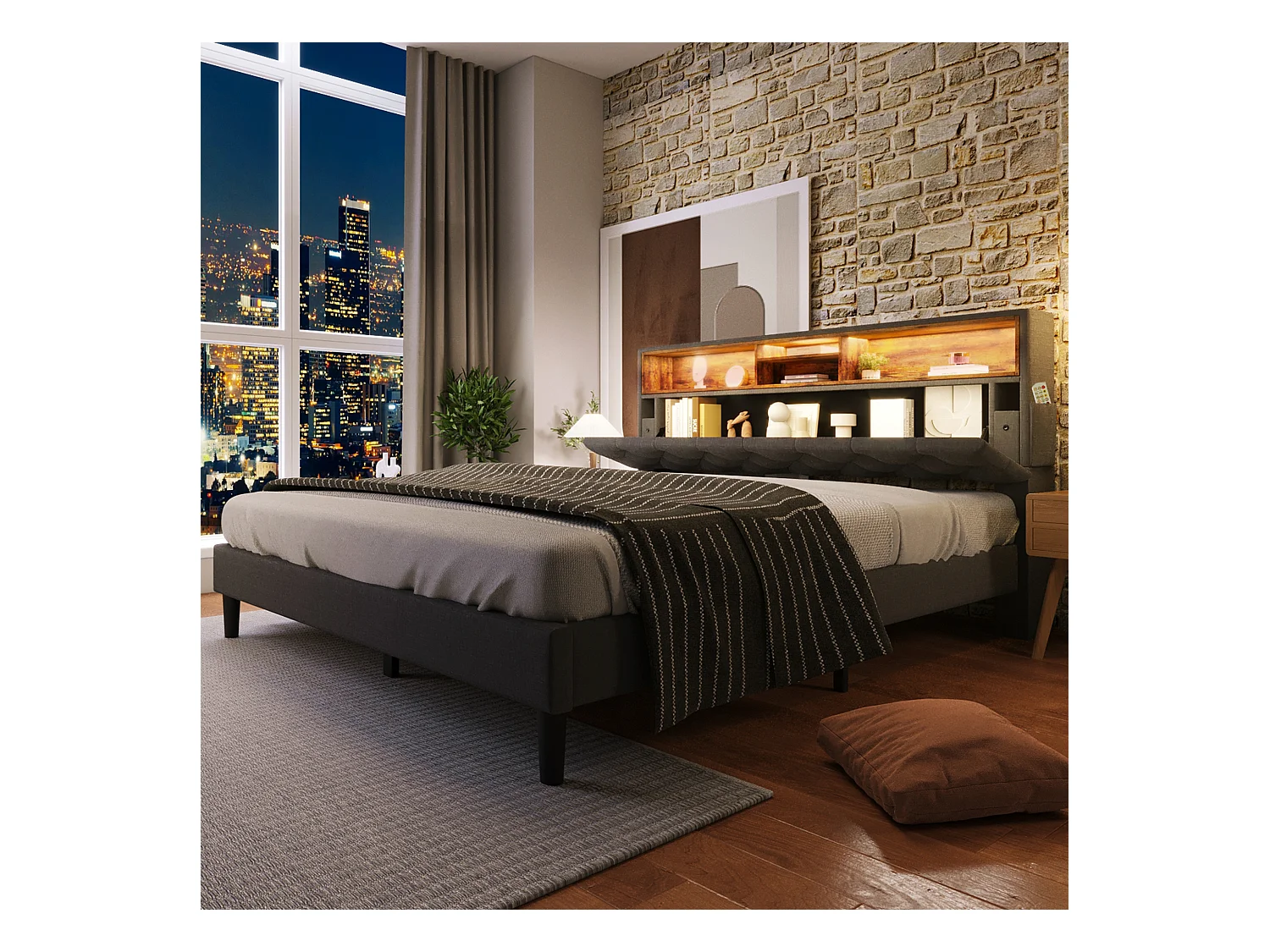 Lit double avec tête de lit de rangement, LED et ports USB, cadre en bois, gris (140x200 cm) (dimensions : 214x149x107 cm)