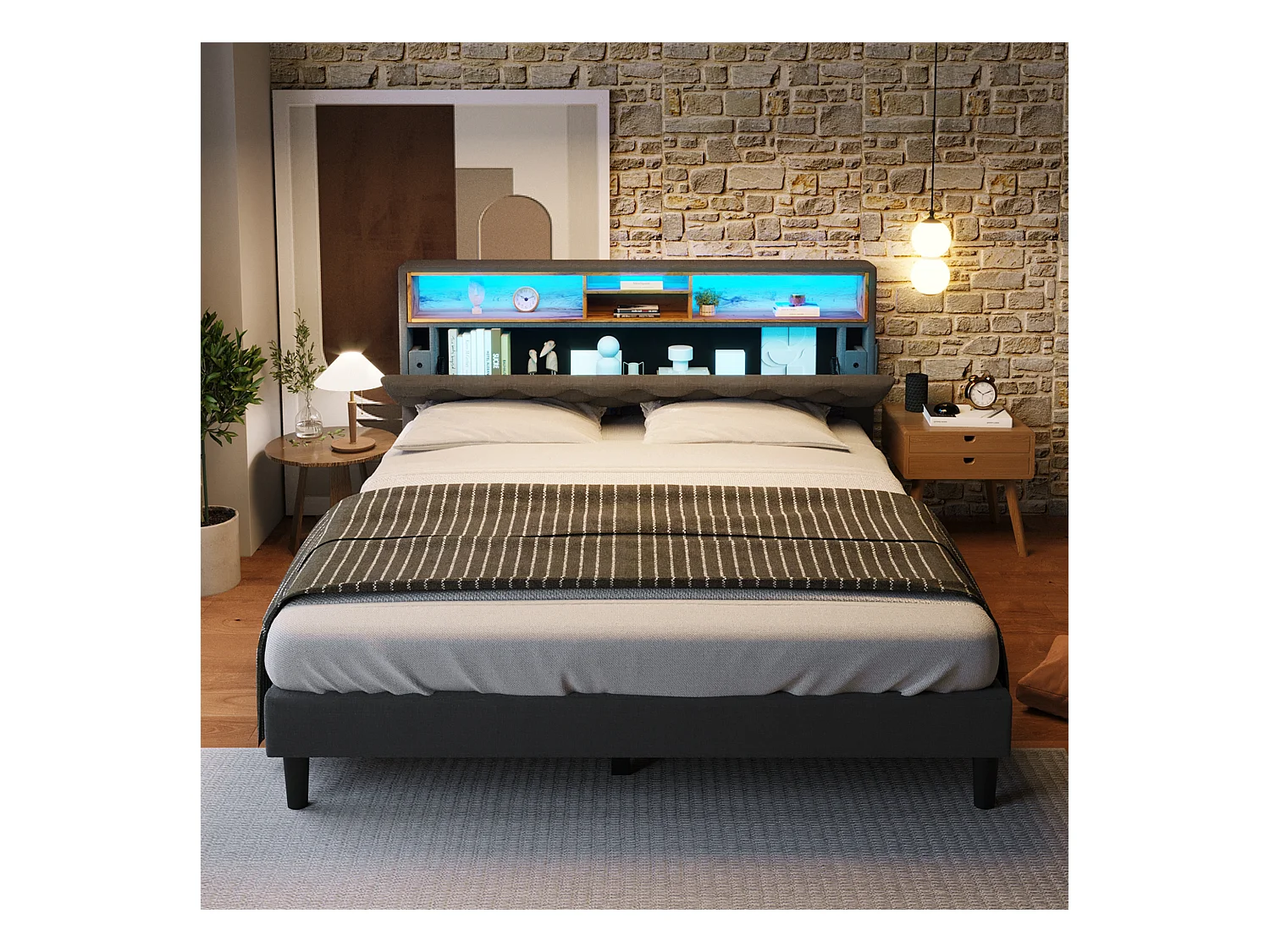 Lit double avec tête de lit de rangement, LED et ports USB, cadre en bois, gris (140x200 cm) (dimensions : 214x149x107 cm)