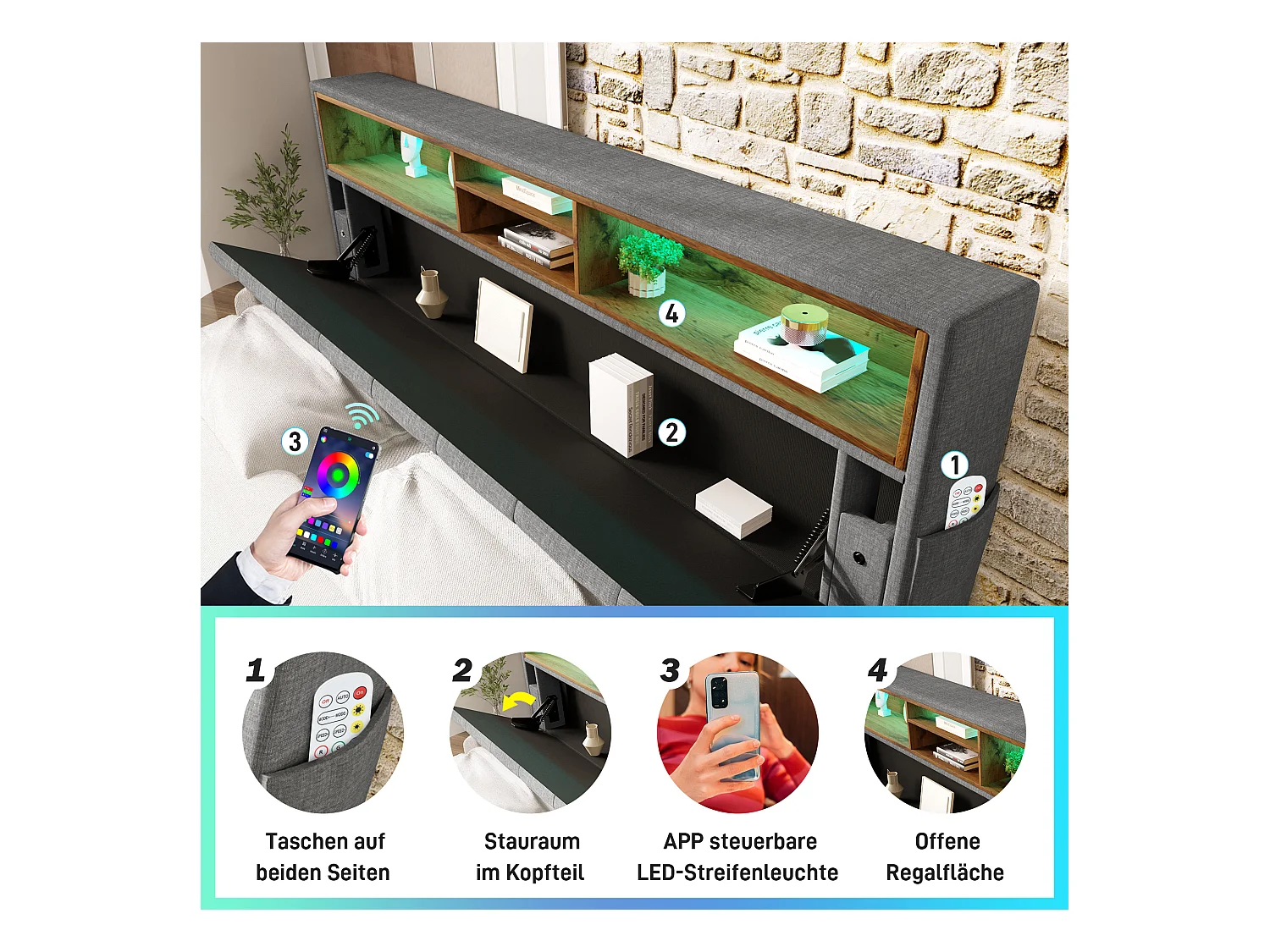 Lit double avec tête de lit de rangement, LED et ports USB, cadre en bois, gris (140x200 cm) (dimensions : 214x149x107 cm)