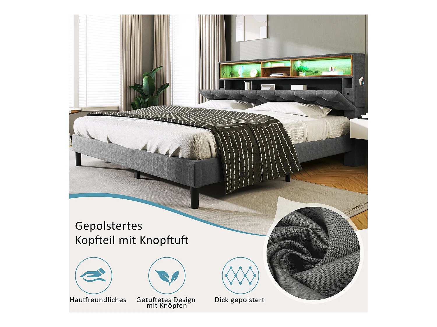 Lit double avec tête de lit de rangement, LED et ports USB, cadre en bois, gris (140x200 cm) (dimensions : 214x149x107 cm)