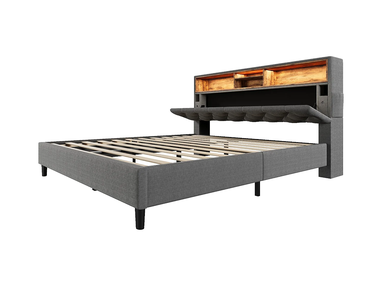 Lit double avec tête de lit de rangement, LED et ports USB, cadre en bois, gris (140x200 cm) (dimensions : 214x149x107 cm)