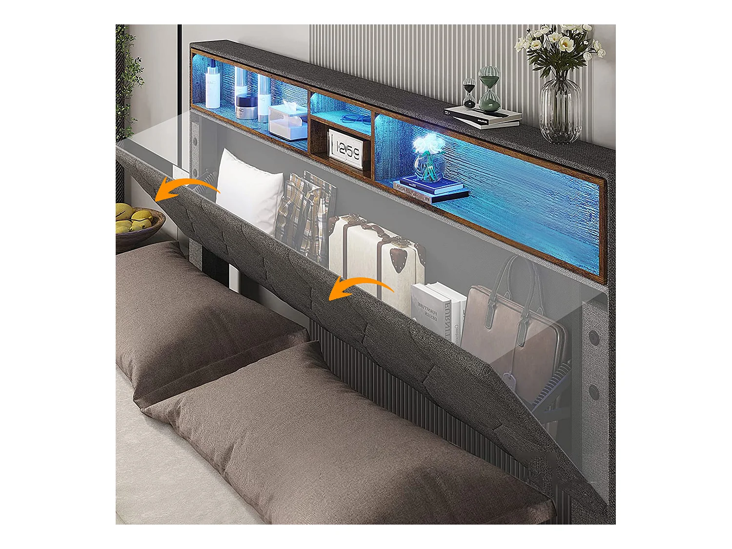 Lit double avec tête de lit de rangement, LED et ports USB, cadre en bois, gris (140x200 cm) (dimensions : 214x149x107 cm)