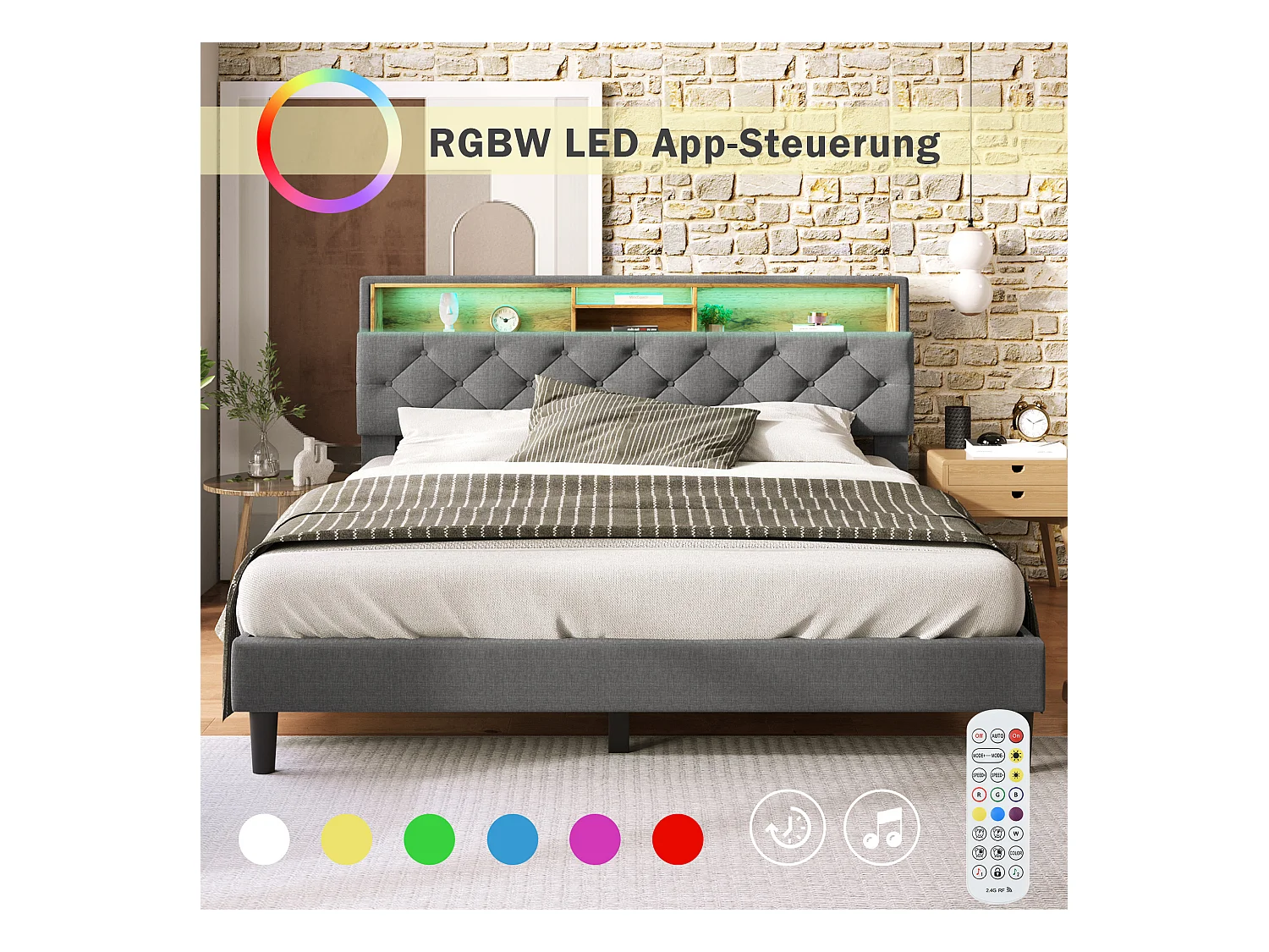 Lit double avec tête de lit de rangement, LED et ports USB, cadre en bois, gris (140x200 cm) (dimensions : 214x149x107 cm)