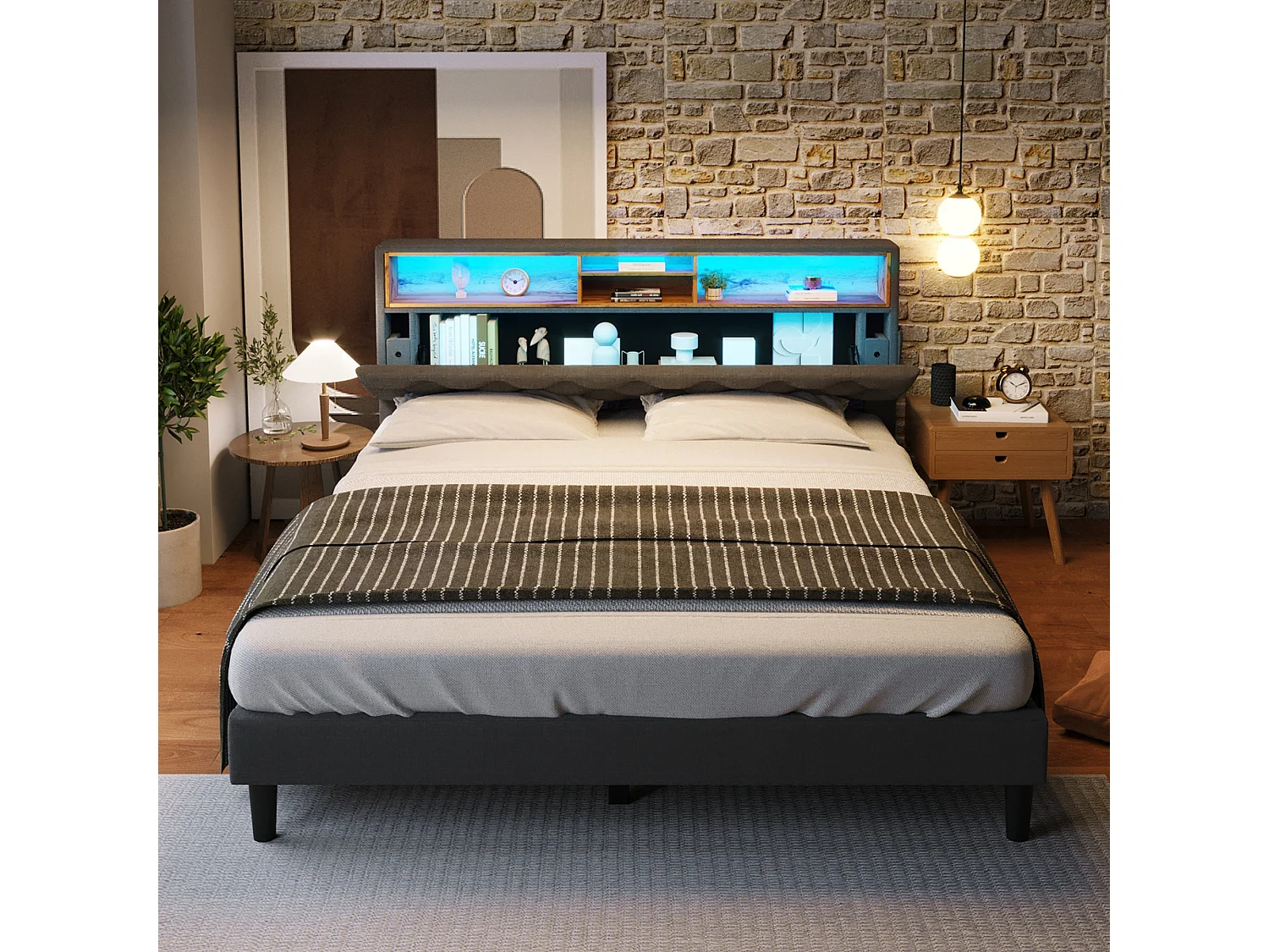 Lit double avec tête de lit de rangement, LED et ports USB, cadre en bois, gris (140x200 cm) (dimensions : 214x149x107 cm)