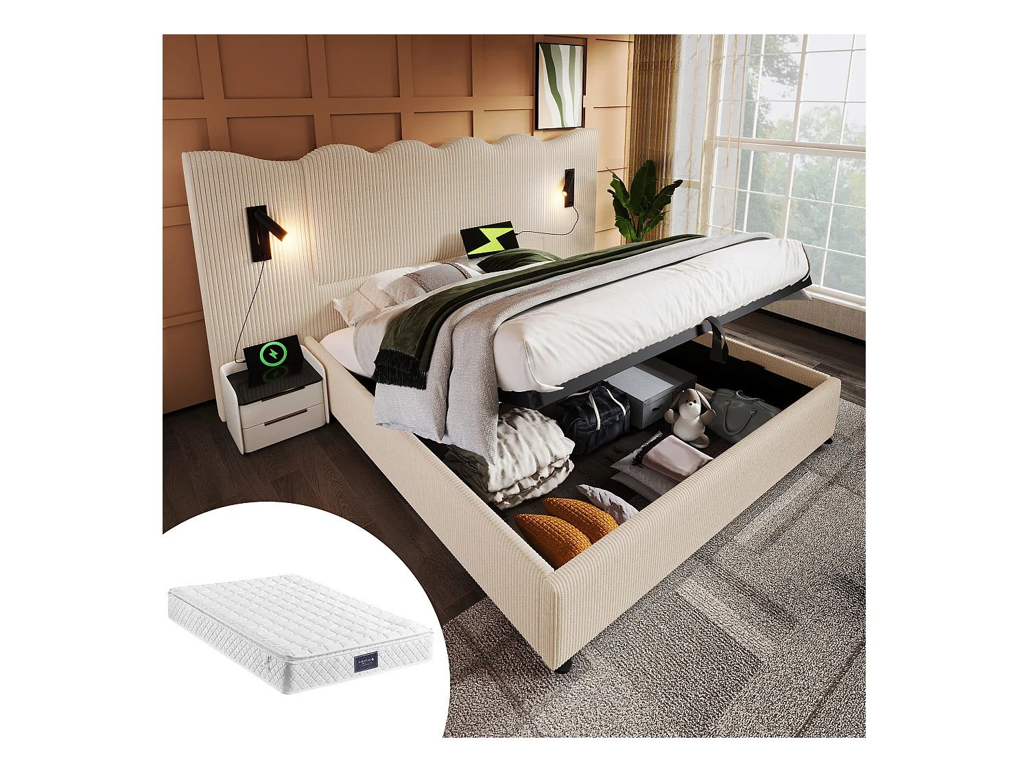 Lit double 160x200 avec lampe de lecture et chargeur USB Type-C, cadre en corduroy beige-blanc, bois massif et métal (215x232x111 cm)