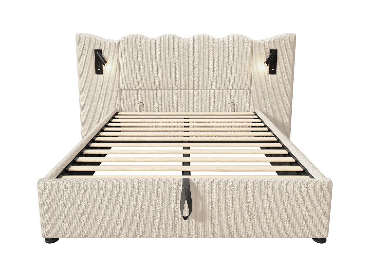 Lit double 160x200 avec lampe de lecture et chargeur USB Type-C, cadre en corduroy beige-blanc, bois massif et métal (215x232x111 cm)