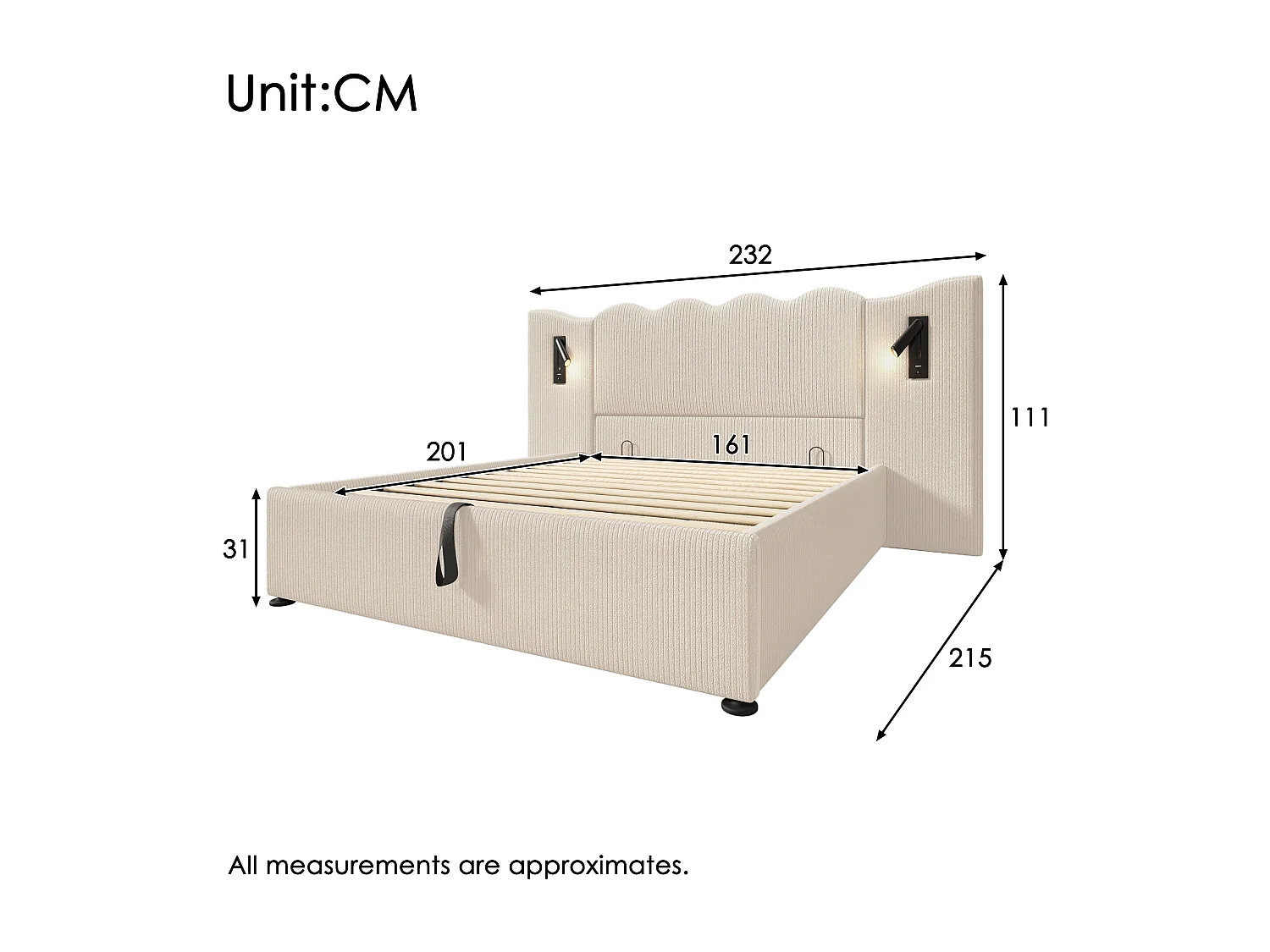 Lit double 160x200 avec lampe de lecture et chargeur USB Type-C, cadre en corduroy beige-blanc, bois massif et métal (215x232x111 cm)