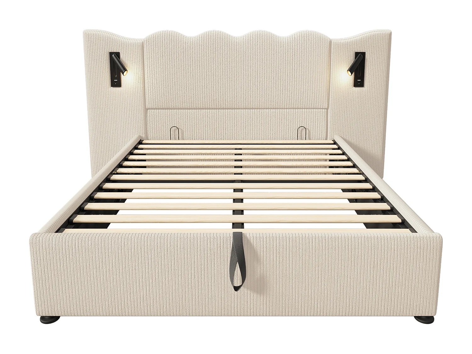 Lit double 160x200 avec lampe de lecture et chargeur USB Type-C, cadre en corduroy beige-blanc, bois massif et métal (215x232x111 cm)