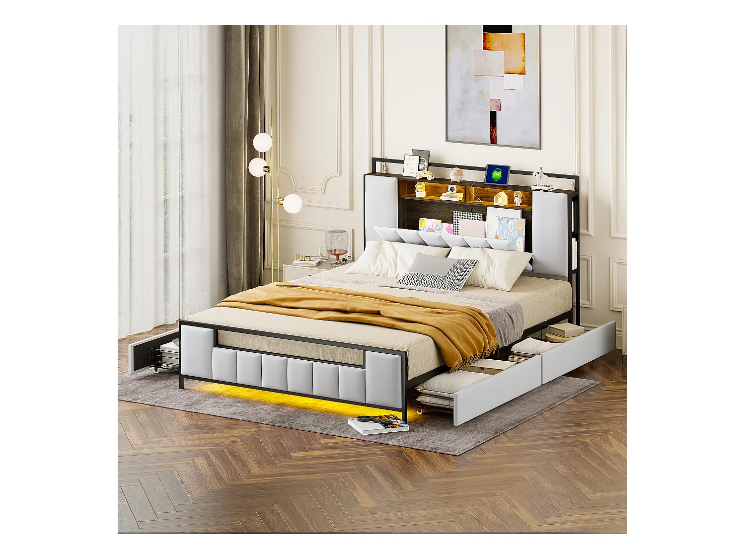 Lit rembourré multifonction 160x200 cm, cadre en fer massif, LED et prise USB, avec tiroirs, simili cuir blanc (219x160x119.5 cm)