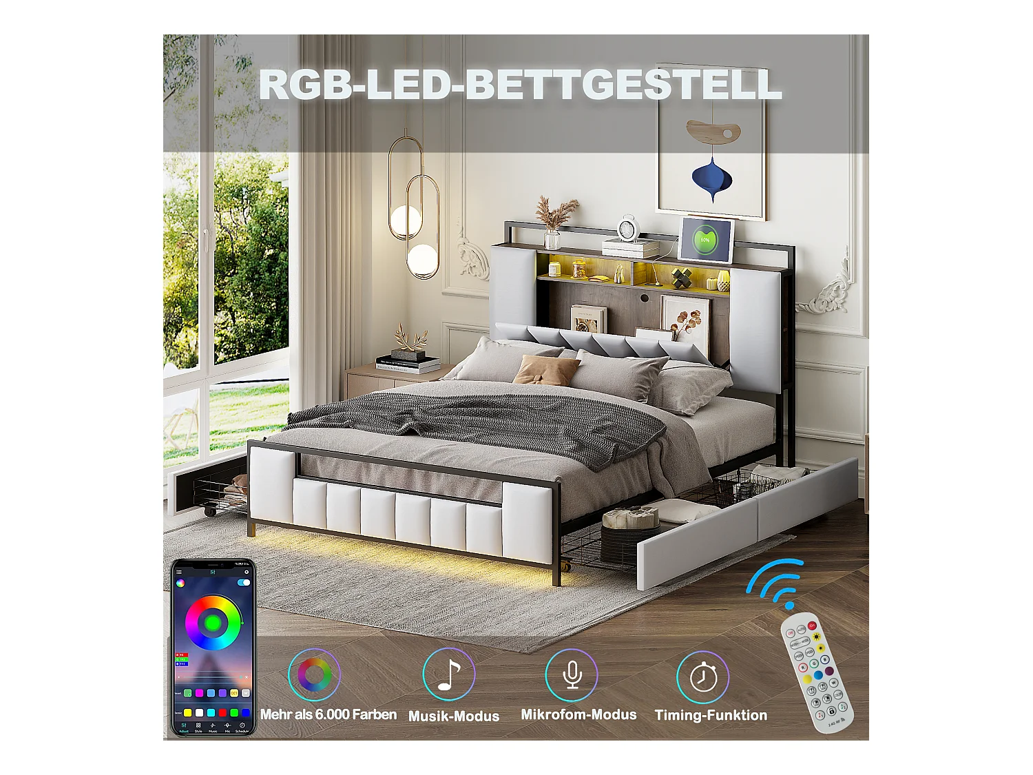 Lit rembourré multifonction 160x200 cm, cadre en fer massif, LED et prise USB, avec tiroirs, simili cuir blanc (219x160x119.5 cm)