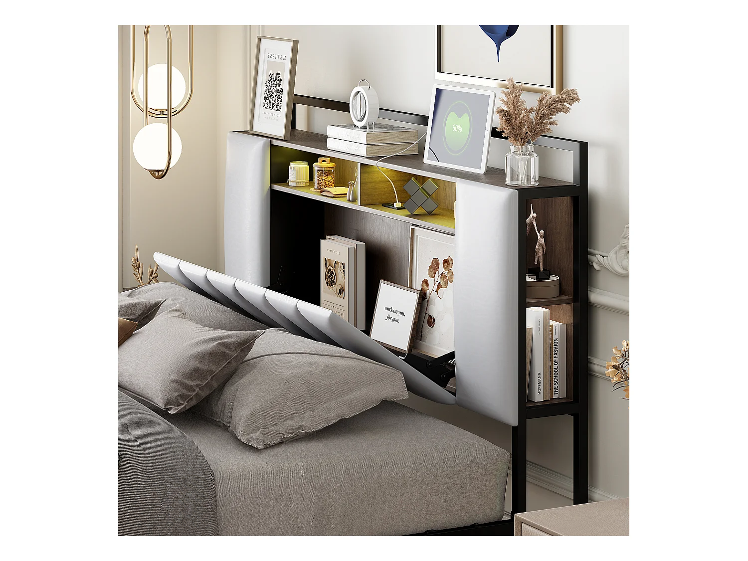 Lit rembourré multifonction 160x200 cm, cadre en fer massif, LED et prise USB, avec tiroirs, simili cuir blanc (219x160x119.5 cm)