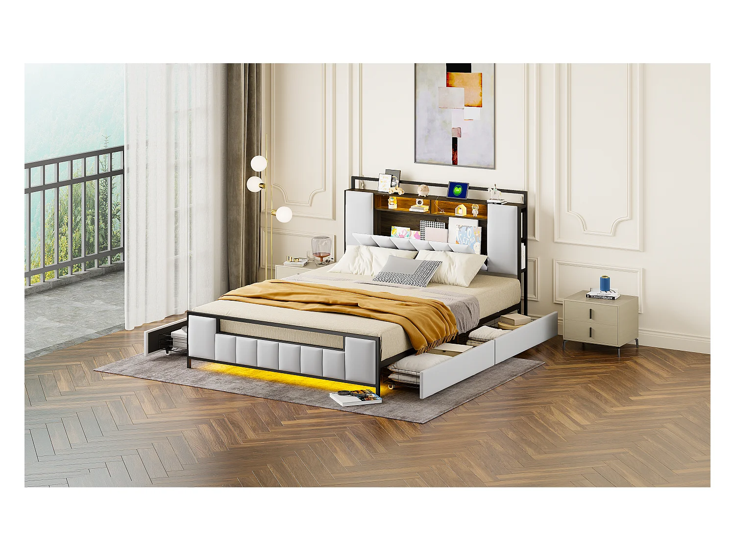 Lit rembourré multifonction 160x200 cm, cadre en fer massif, LED et prise USB, avec tiroirs, simili cuir blanc (219x160x119.5 cm)