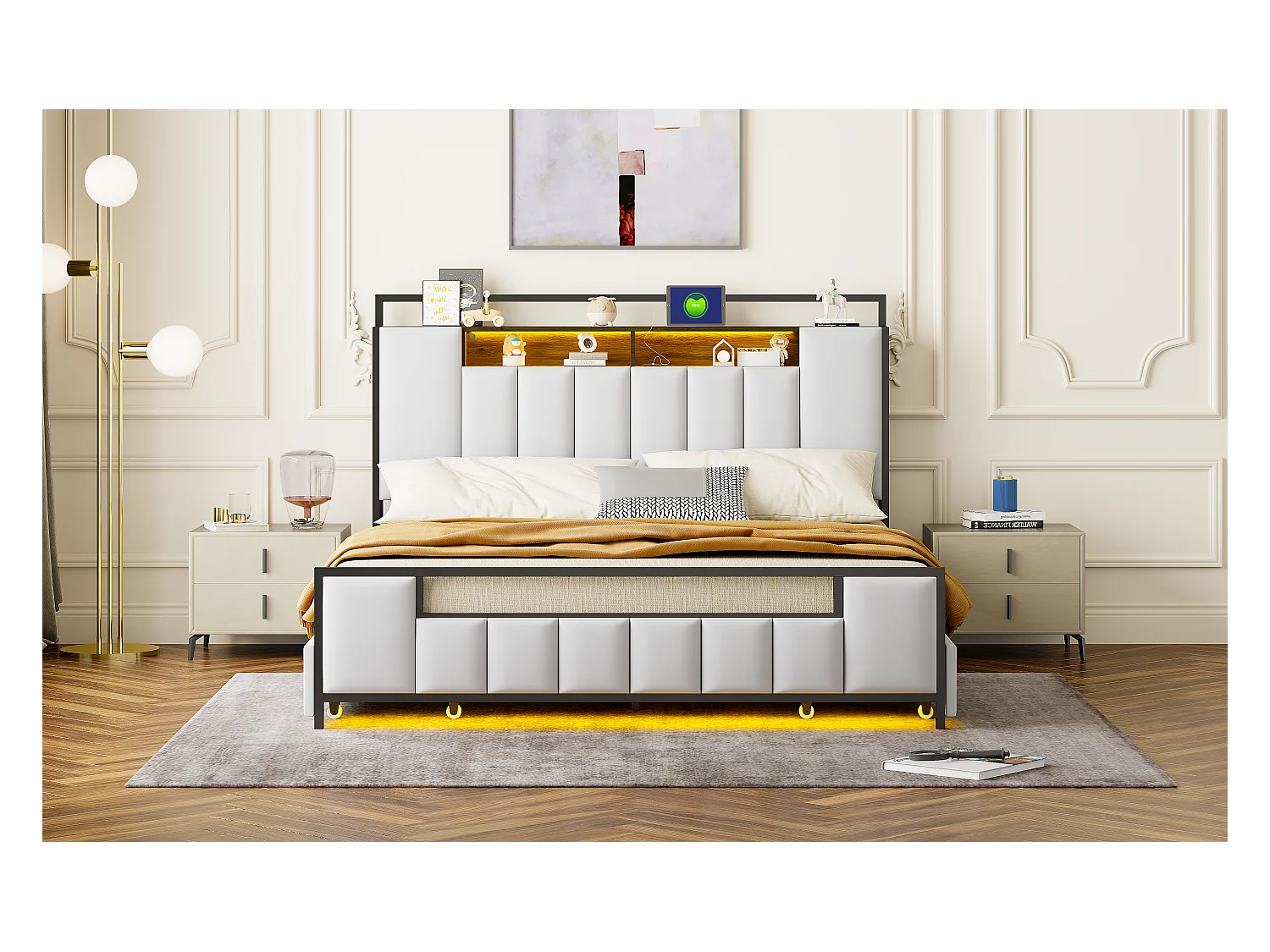 Lit rembourré multifonction 160x200 cm, cadre en fer massif, LED et prise USB, avec tiroirs, simili cuir blanc (219x160x119.5 cm)