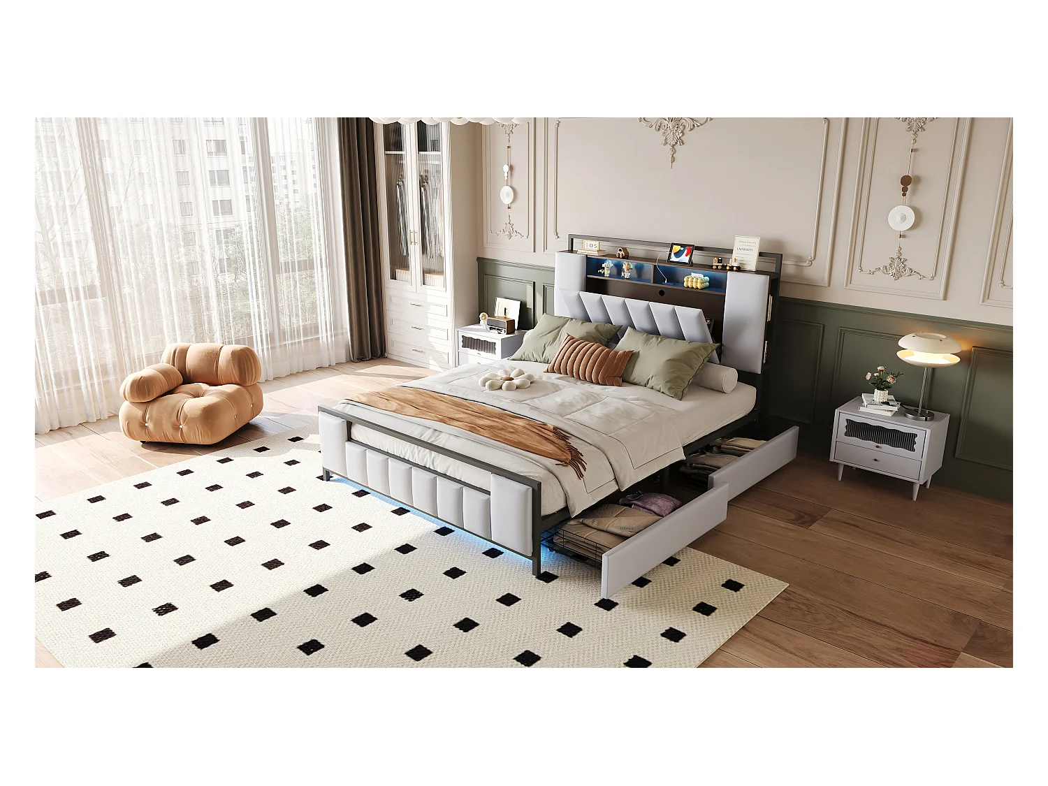 Lit rembourré multifonction 160x200 cm, cadre en fer massif, LED et prise USB, avec tiroirs, simili cuir blanc (219x160x119.5 cm)