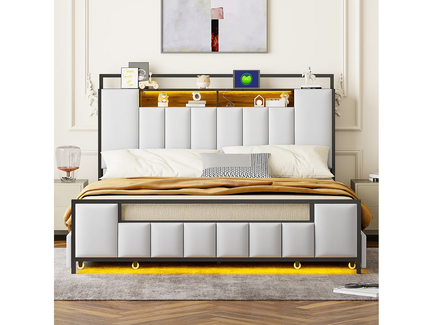 Lit rembourré multifonction 160x200 cm, cadre en fer massif, LED et prise USB, avec tiroirs, simili cuir blanc (219x160x119.5 cm)