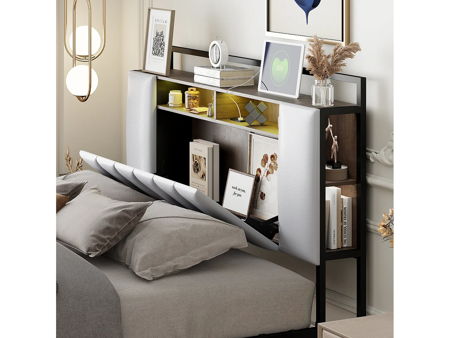 Lit rembourré multifonction 160x200 cm, cadre en fer massif, LED et prise USB, avec tiroirs, simili cuir blanc (219x160x119.5 cm)