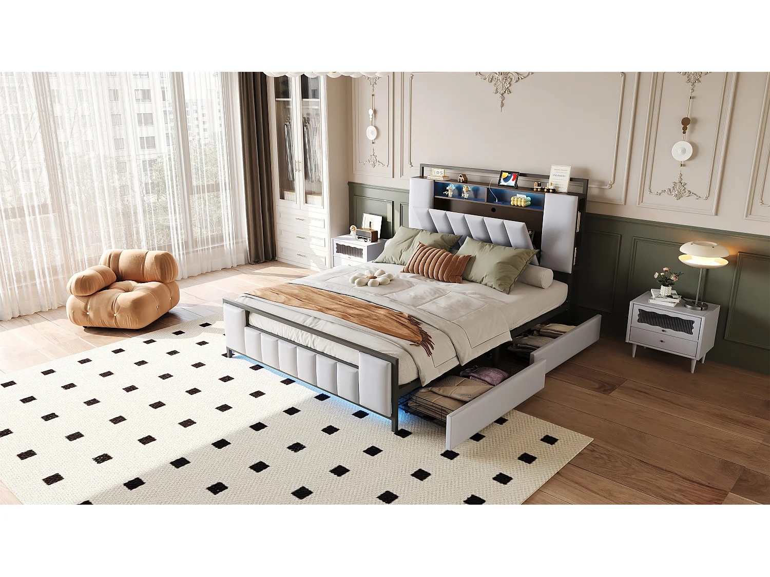 Lit rembourré multifonction 160x200 cm, cadre en fer massif, LED et prise USB, avec tiroirs, simili cuir blanc (219x160x119.5 cm)