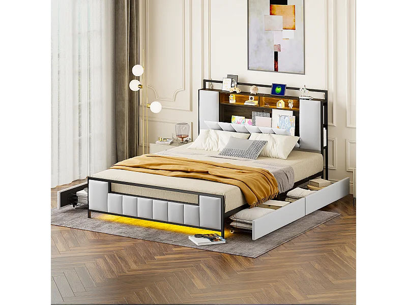 Multifunctioneel gestoffeerd bed 160x200 cm, massief ijzeren frame, LED- en USB-aansluiting, met lades, wit imitatieleer (219x160x119,5 cm)